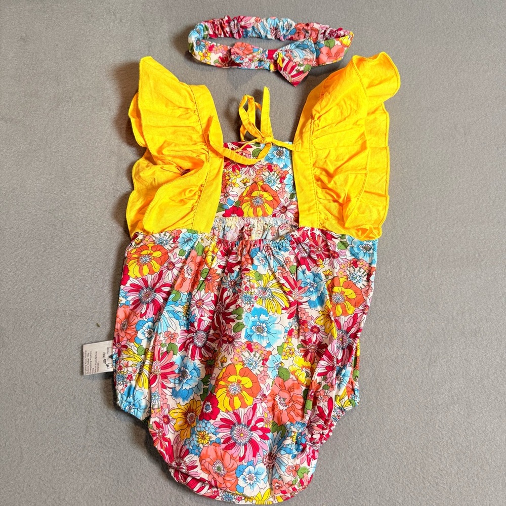 Baby Girl Floral Romper Set Yellow Ruffle Sleeve Summer‎ Outfit with Headband